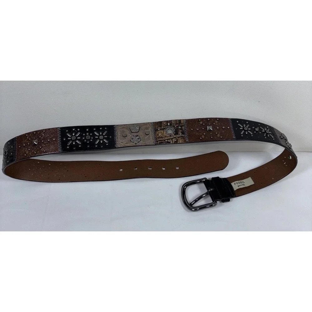VTG Fossil Leather Belt Patchwork Sz L Floral Studded Cowhide Tooled‎ Y2K Artsy
